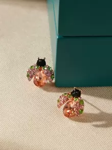 1對水鑽紋理瓢蟲設計耳釘 - 彩色 - 查看 1