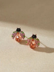 1對水鑽紋理瓢蟲設計耳釘 - 彩色 - 查看 2