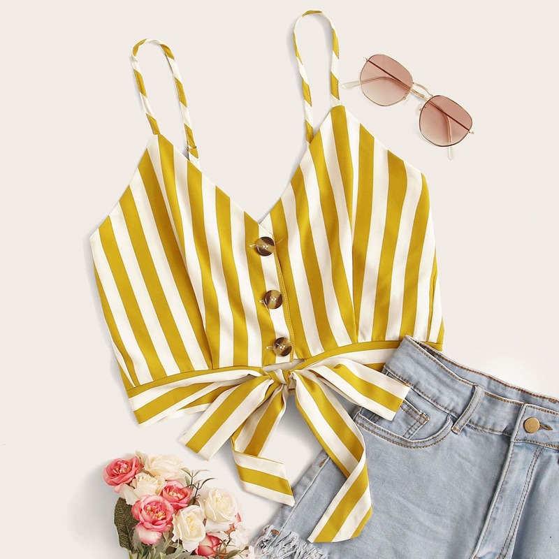 

Button Front Tie Hem Striped Cami Top, Multicolor