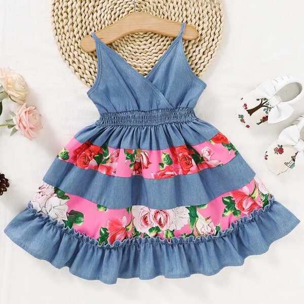 

Toddler Girls Floral Panel Shirred Ruffle Hem Cami Dress, Blue