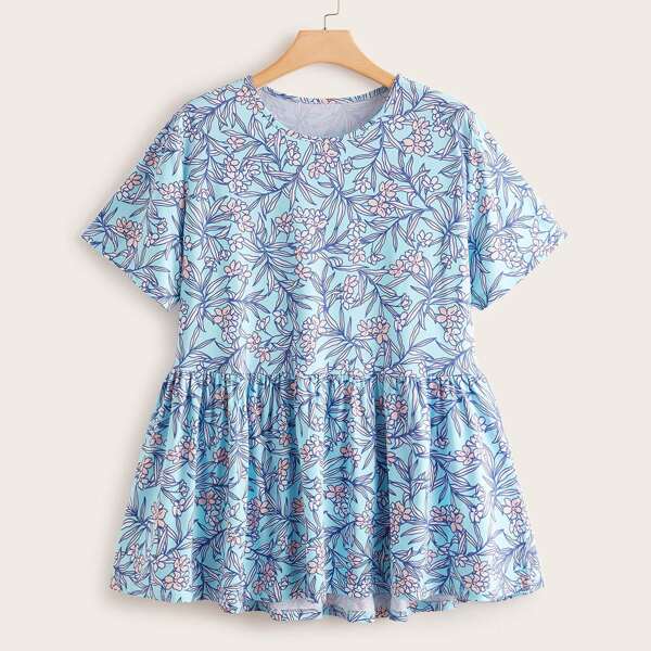 

Plus Floral Print Ruffle Hem Tee, Blue