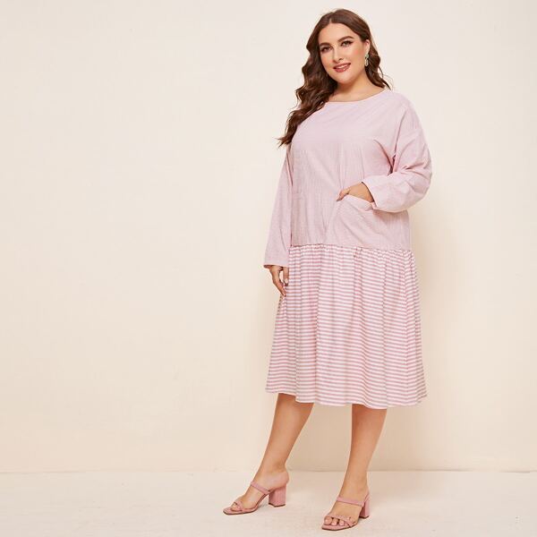 

Plus Patch Pocket Striped Smock Dress, Pink pastel