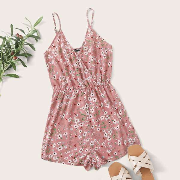 

Allover Floral Print Surplice Neck Cami Romper, Pink