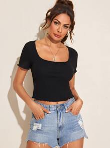 SHEIN Privé Áo thun Xù nhỏ màu trơn màu đen Giải trí - màu đen - Xem 5