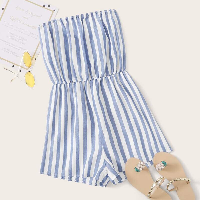 

Striped Tube Romper, Blue