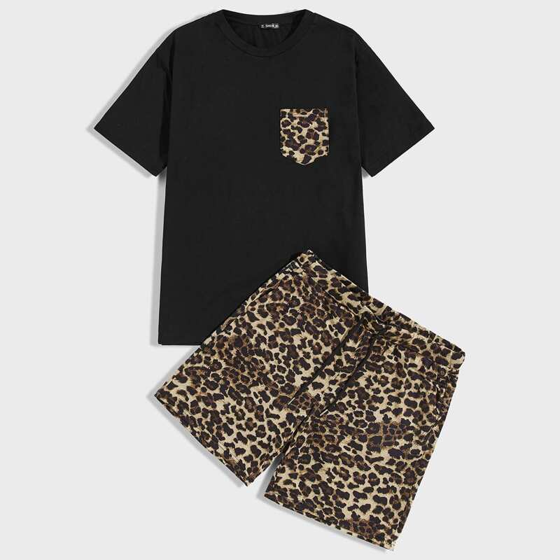 

Guys Pocket Patched Tee and Leopard Print Shorts Set, Multicolor