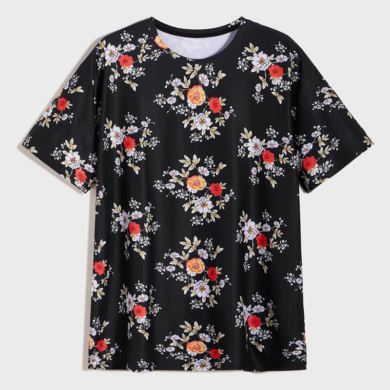 Guys Floral Print Round Neck Tee, Black