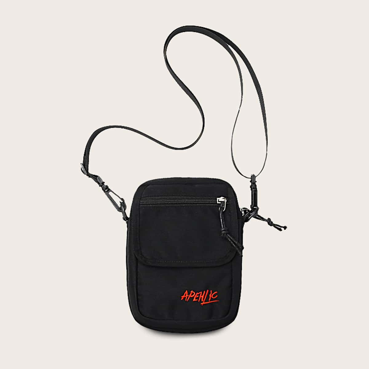 

Letter Embroidered Zip Front Crossbody Bag, Black