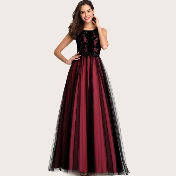 

Zip Back Lace Bodice Mesh Overlay Prom Dress, Multicolor