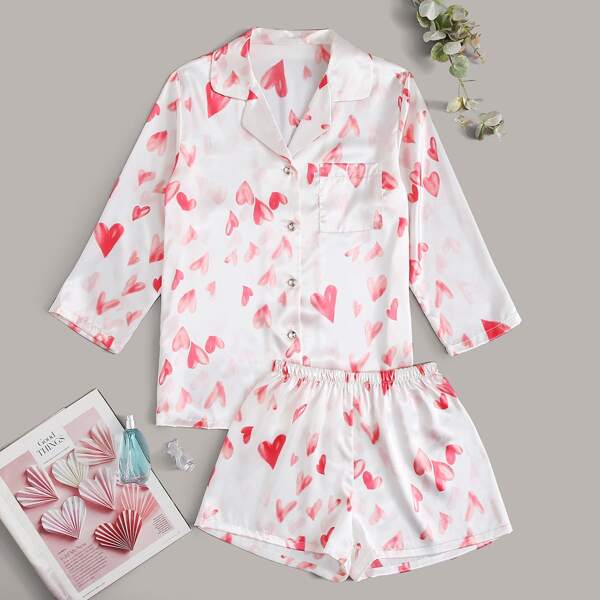 

Heart Print Satin PJ Set, White