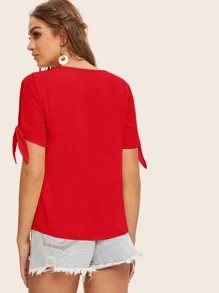 SHEIN Essnce Knot Cuff Split Sleeve Solid Top - Red - View 2