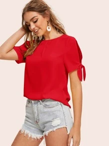 SHEIN Essnce Knot Cuff Split Sleeve Solid Top - Red - View 1