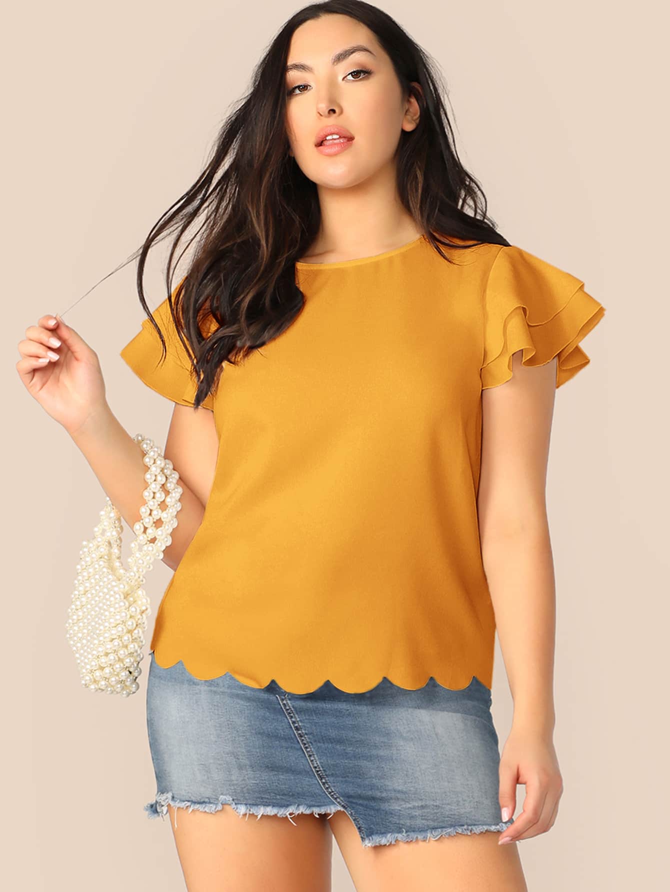 SHEIN Clasi 大碼多層飛袖貝殼邊上衣 - 黃色 - 查看 1