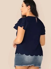 SHEIN Clasi Plus Layered Flutter Sleeve Scallop Trim Top - Navy Blue - View 2