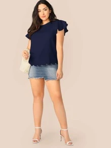 SHEIN Clasi Plus Layered Flutter Sleeve Scallop Trim Top - Navy Blue - View 5