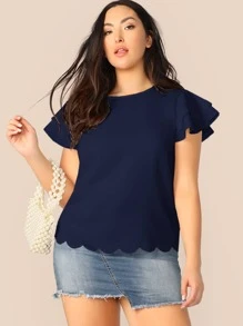 SHEIN Clasi Plus Layered Flutter Sleeve Scallop Trim Top - Navy Blue - View 3