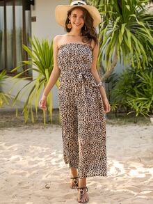 Simplee Jumpsuit tubo con cinturón de leopardo de pierna ancha - Multicolor - Ver 4