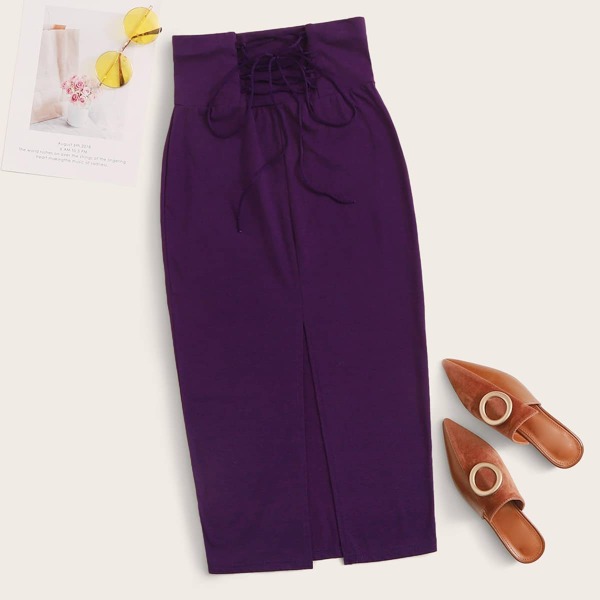 

Lace Up Waist Split Front Skirt, Purple