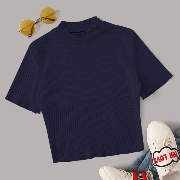 

Plus Mock-Neck Lettuce Trim Rib-knit Top, Navy blue