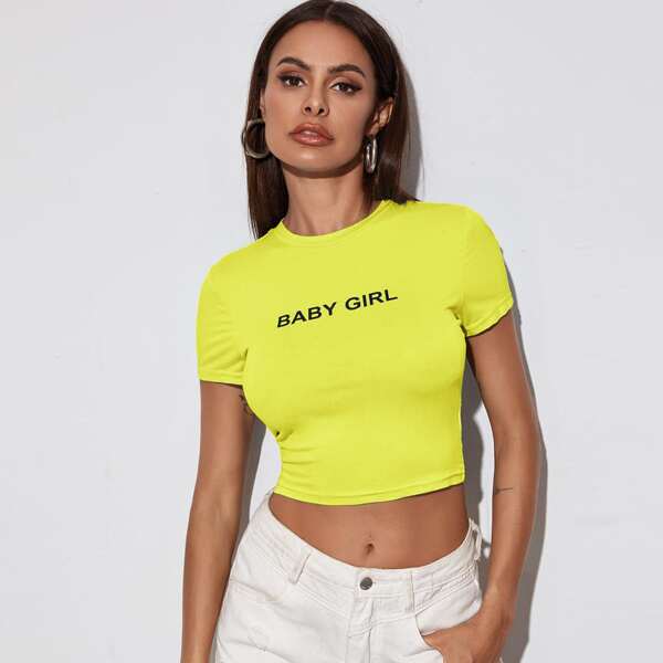 

Neon Yellow Cap Sleeve Slogan Graphic Top, Yellow bright