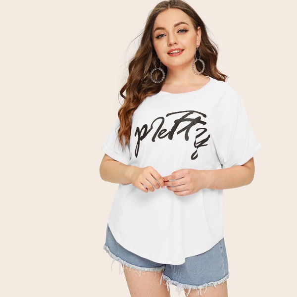 

Plus Cuffed Sleeve Letter Graphic Tee, White