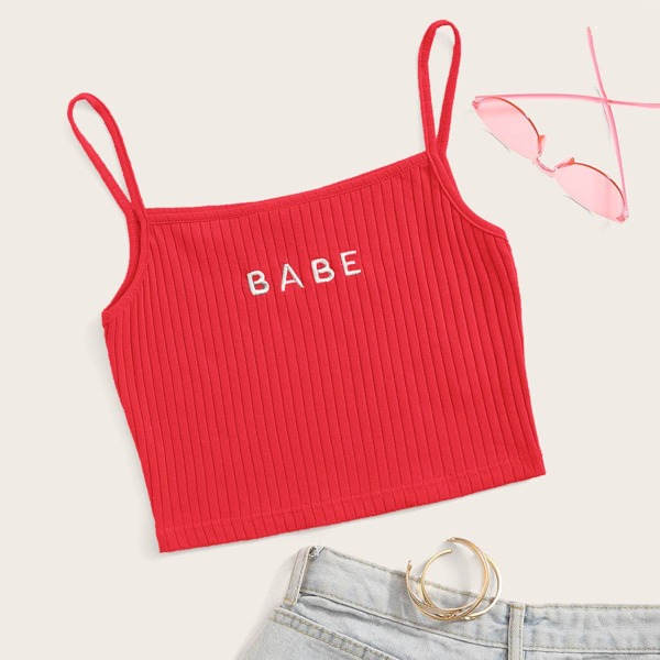

Letter Embroidered Rib-knit Crop Cami Top, Red bright