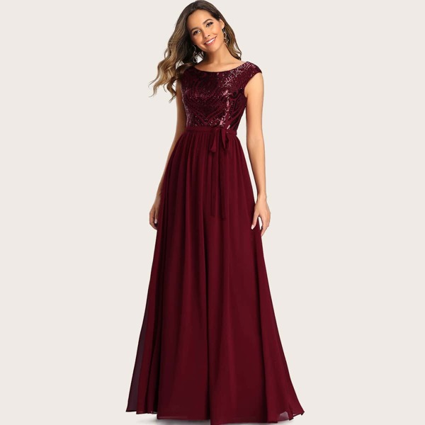 

V Back Sequin Bodice Belted Prom Dress, Burgundy