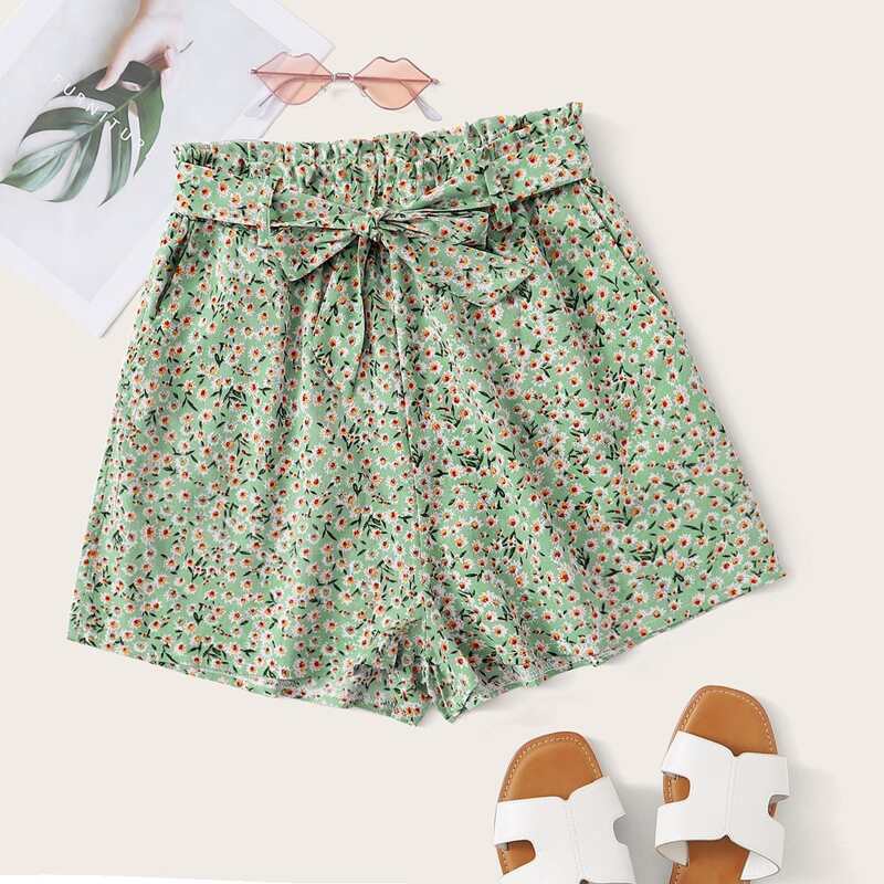 

Ditsy Floral Paperbag Belted Shorts, Green