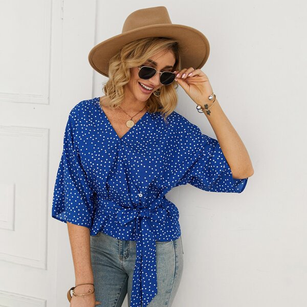 

V-neck Polka Dot Belted Blouse, Blue