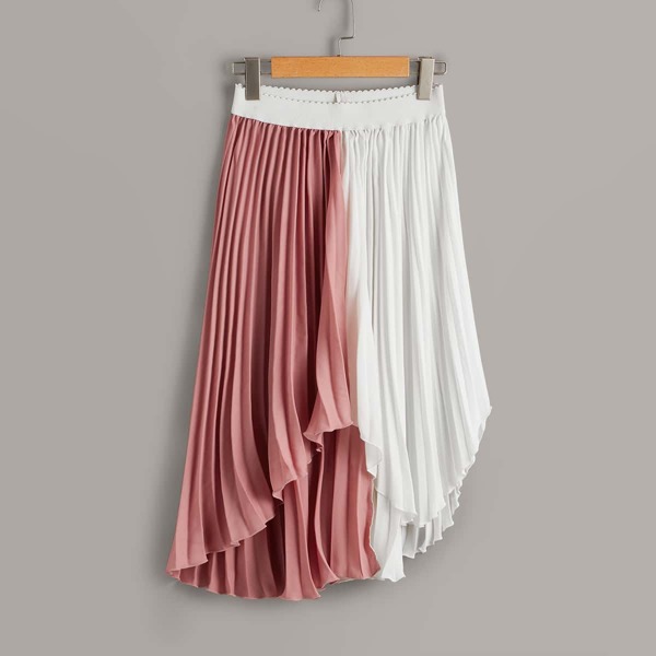 

Colorblock Pleated Asymmetrical Hem Skirt, Multicolor