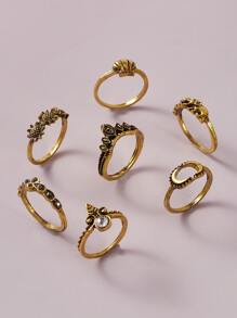 7pcs Vintage Ring Set Ladies Boho Vacation Ring Set - Yellow Gold - View 1