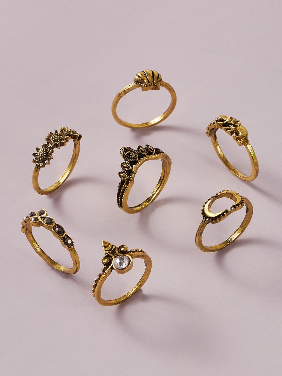 7pcs Vintage Ring Set Ladies Boho Vacation Ring Set - Yellow Gold - View 1