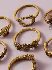 7pcs Vintage Ring Set Ladies Boho Vacation Ring Set - Yellow Gold - View 3