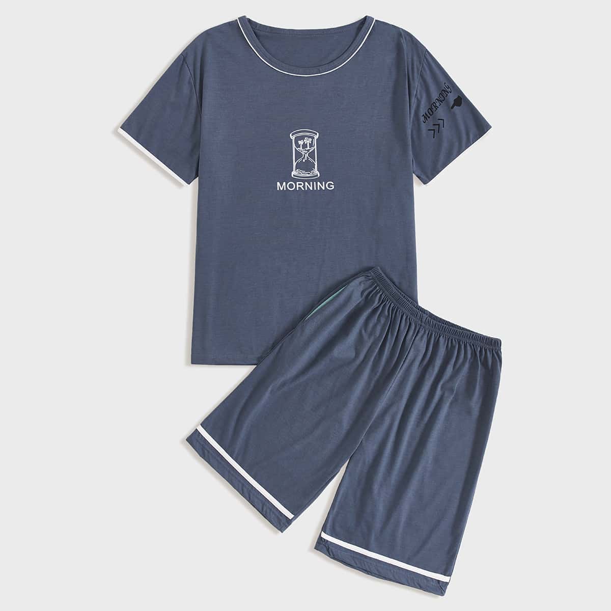 

Guys Contrast Piping Tropical & Letter Graphic PJ Set, Navy