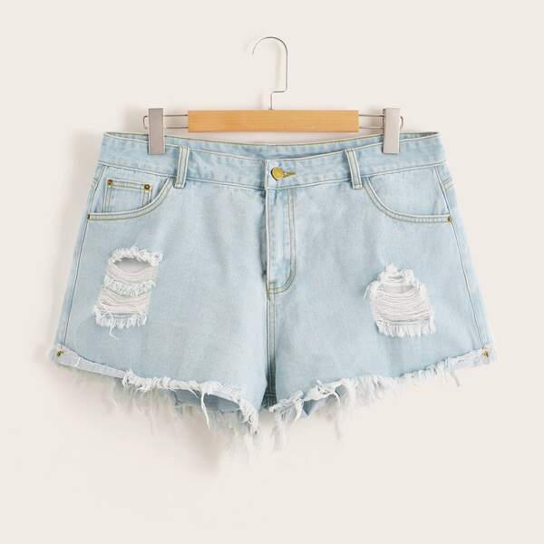 

Plus Ripped Raw Hem Denim Shorts, Blue