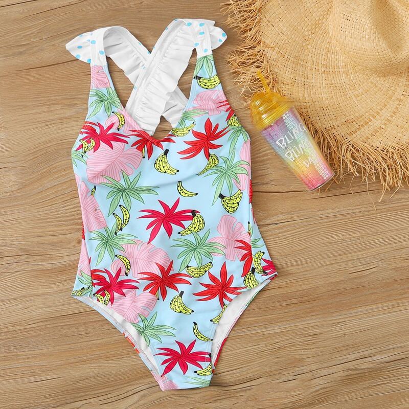 

Tropical Ruffle Cross Back One Piece Swimsuit, Multicolor