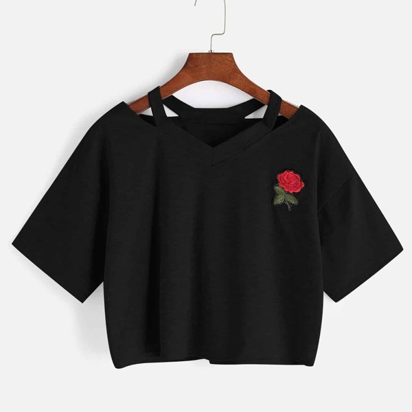 

Plus Floral Embroidery Cut Out Crop Tee, Black