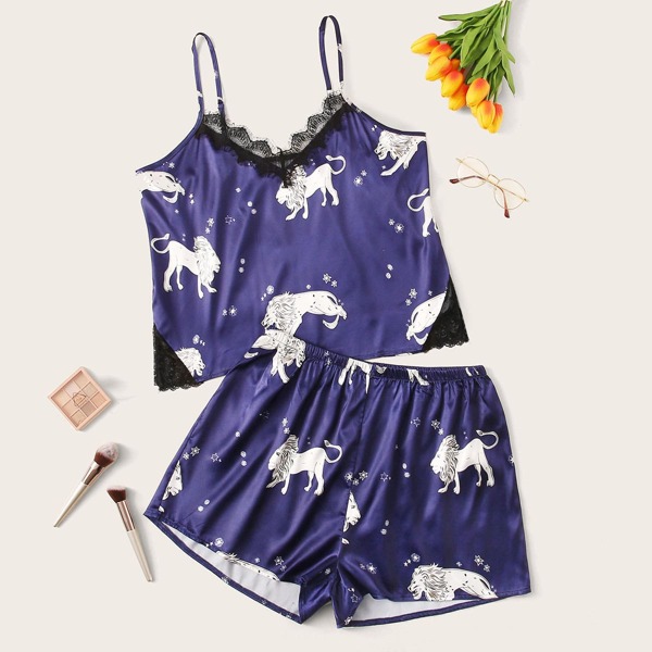 

Plus Lion Print Contrast Lace Satin PJ Set, Navy blue