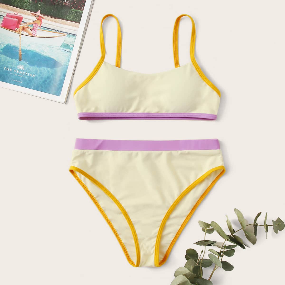 

Contrast Binding High Waisted Bikini Swimsuit, White