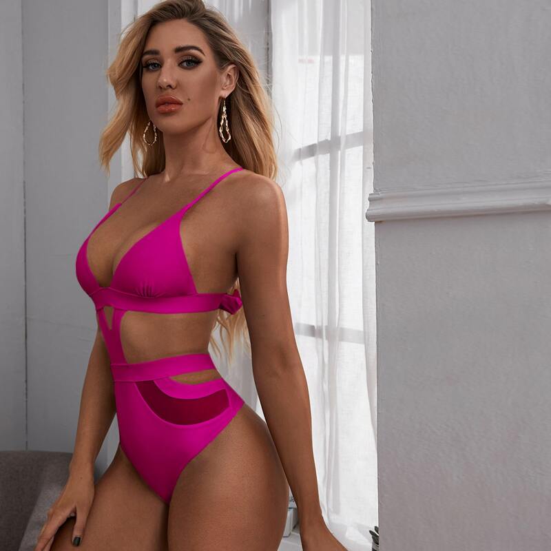 

Cut-out Contrast Mesh One Piece Swimsuit, Pink