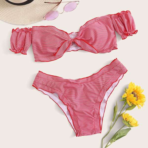 

Striped Lettuce Trim Bardot High Cut Bikini Swimsuit, Red