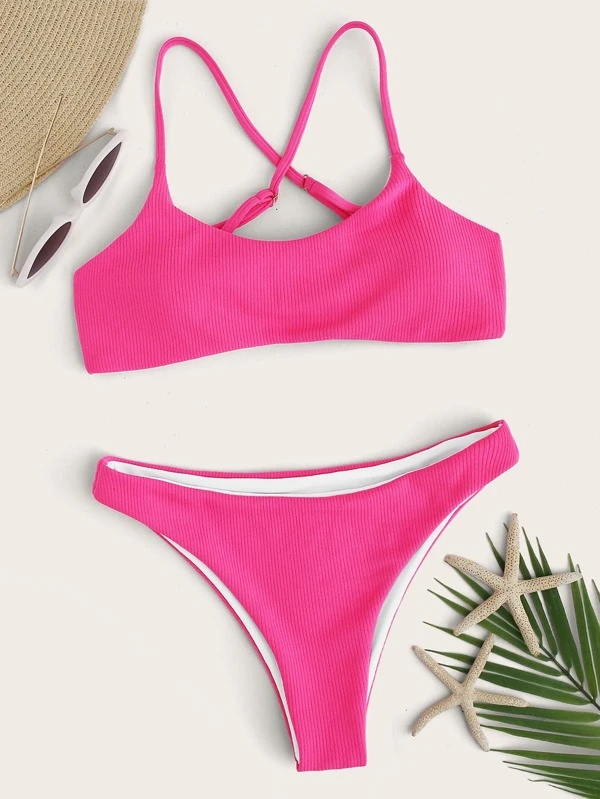 Rib Criss Cross Back Bikini Swimsuit Shein Usa