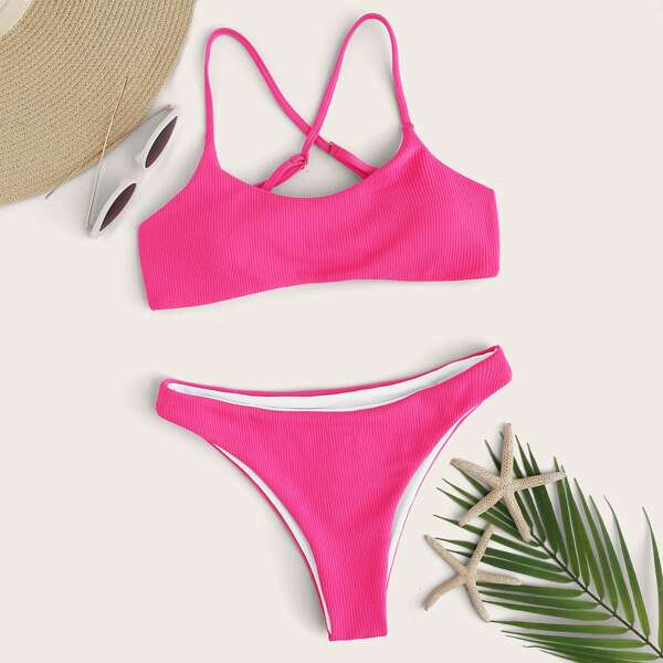 

Rib Criss Cross Back Bikini Swimsuit, Pink