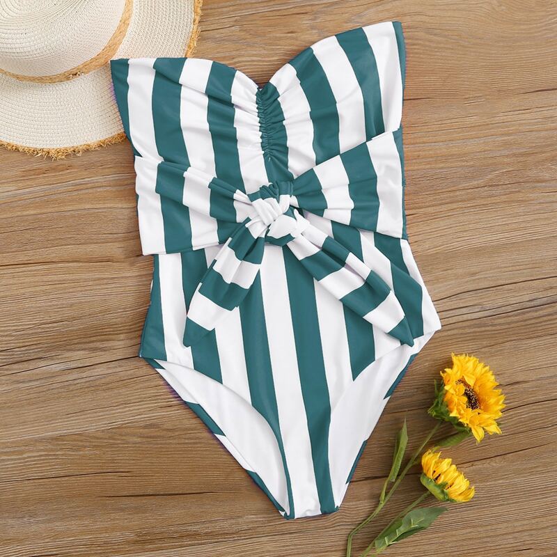 

Striped Tie Front Bandeau One Piece Swimsuit, Green