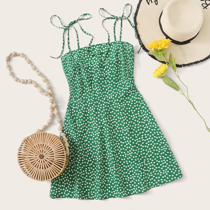 

Knot Strap Shirred Back Ditsy Floral Dress, Green