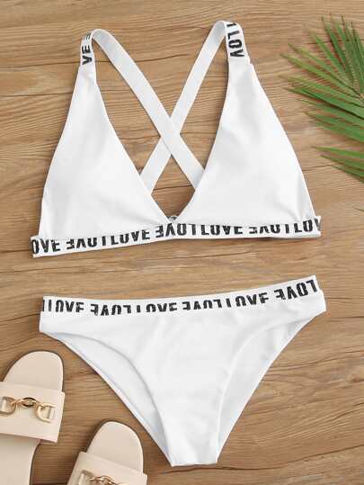 Letter Tape Criss Cross Bikini Swimsuit