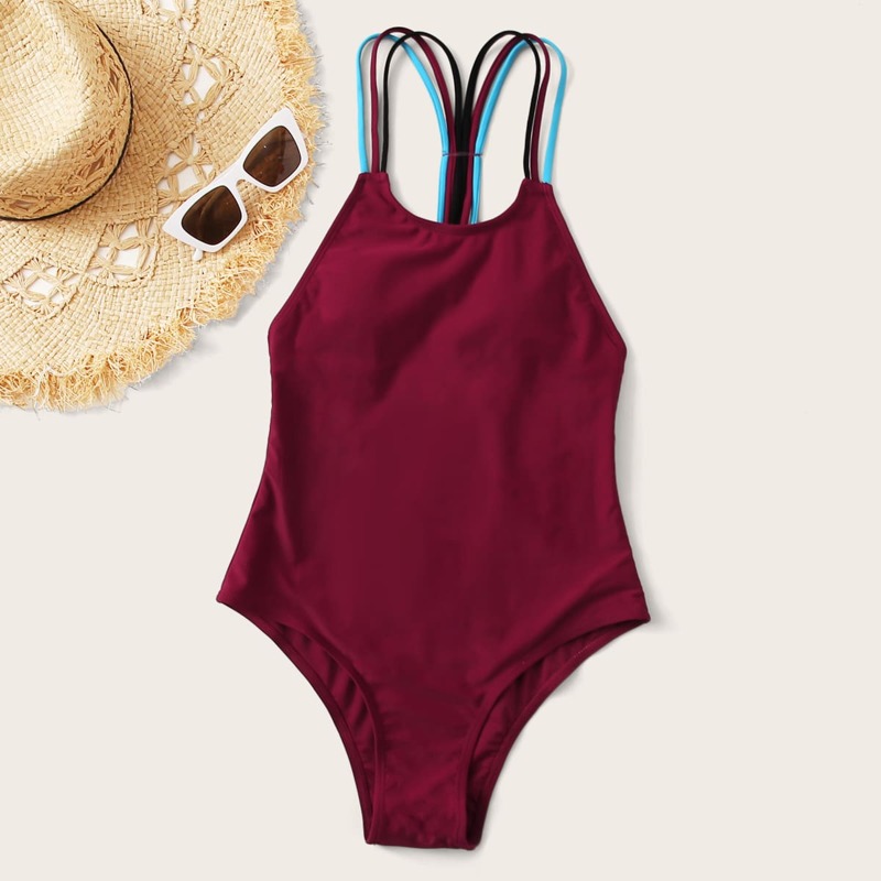 

Colorful Strap One Piece Swimsuit, Burgundy