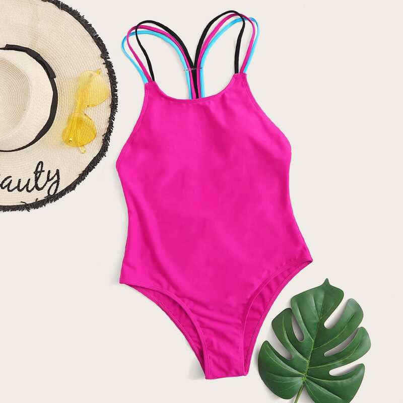 

Colorful Strap One Piece Swimsuit, Pink bright