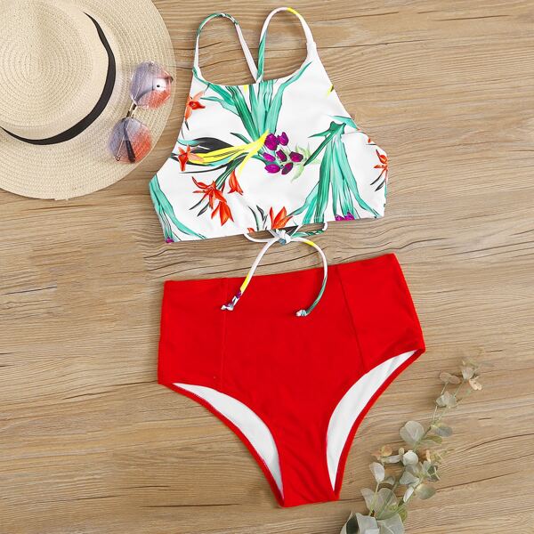 

Floral Tie Back High Waisted Bikini Swimsuit, Multicolor