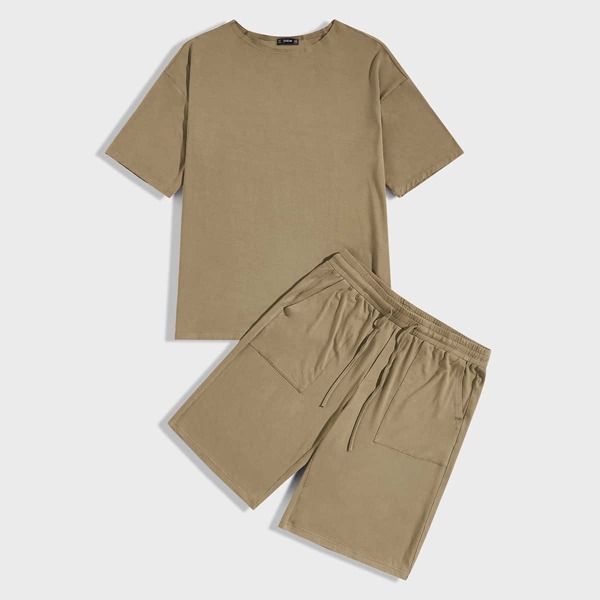 

Men Solid Top & Patch Pocket Shorts Set, Khaki